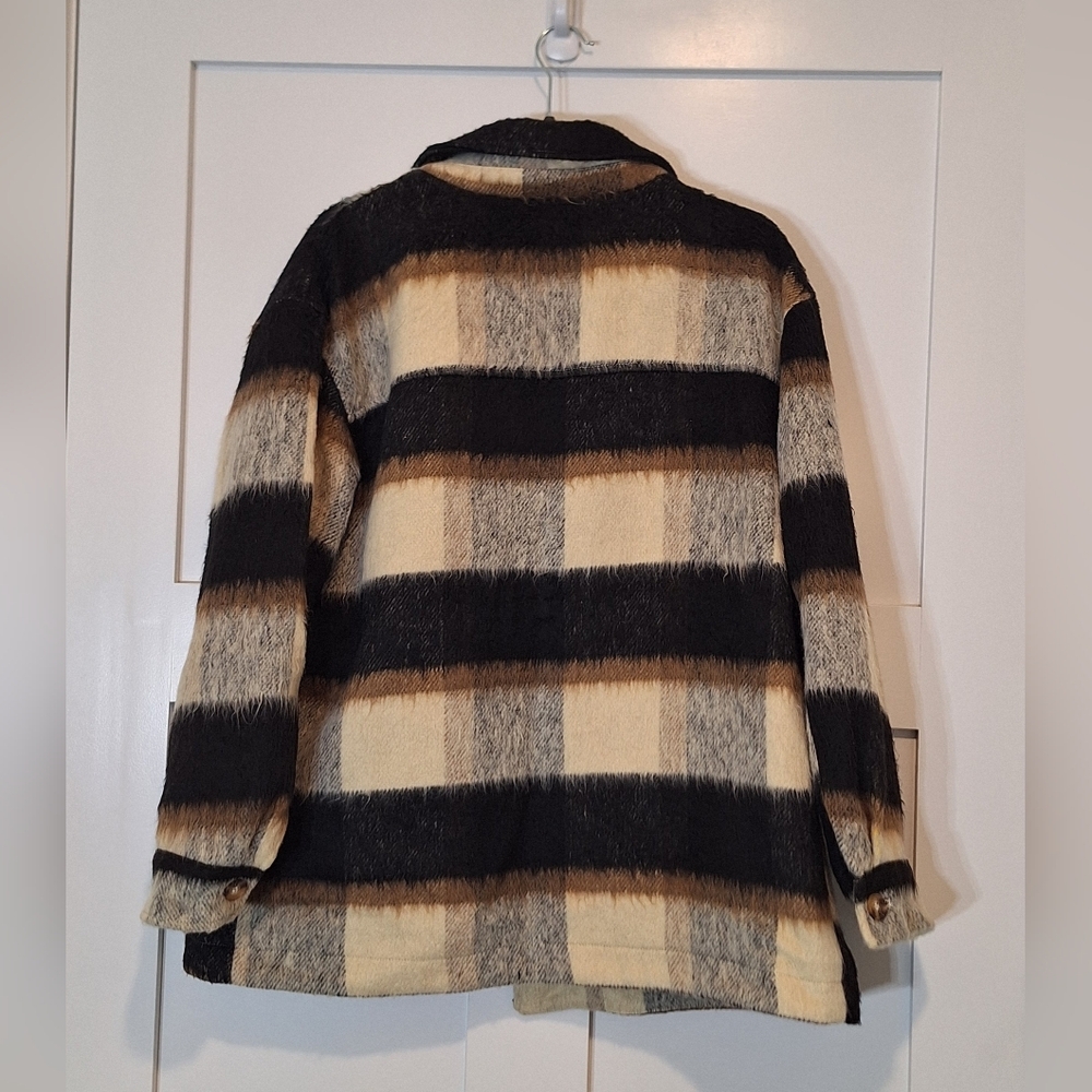 Wonderly Button Up Down Plaid Shacket Coat Pockets Large Black Brown Cream Soft - Picture 9 of 10